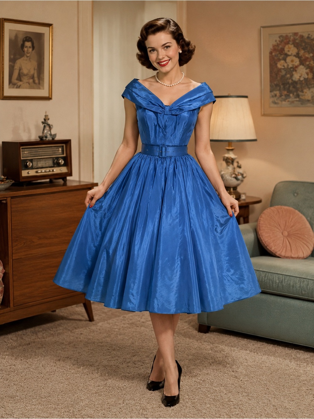 True Vintage 1950s Blue Satin Party Dress